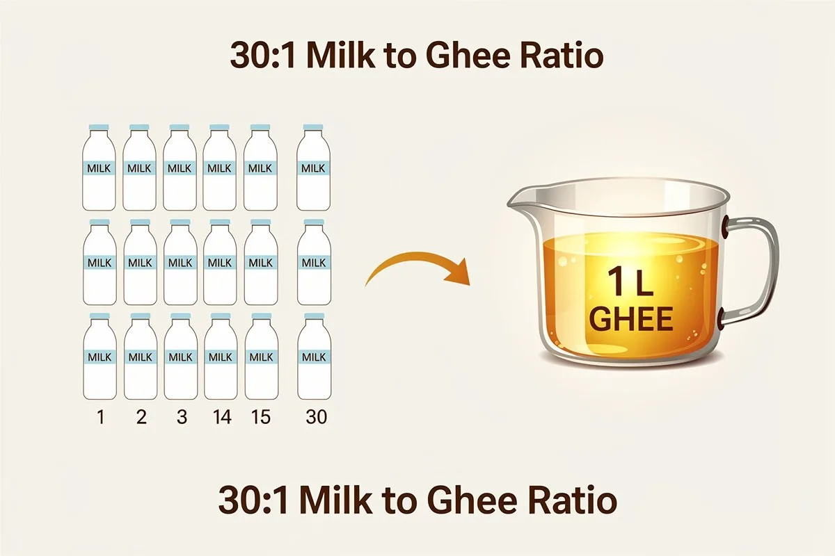 Illustration showing 30 bottles of milk yielding 1 liter of ghee, demonstrating a 30:1 milk to ghee ratio.