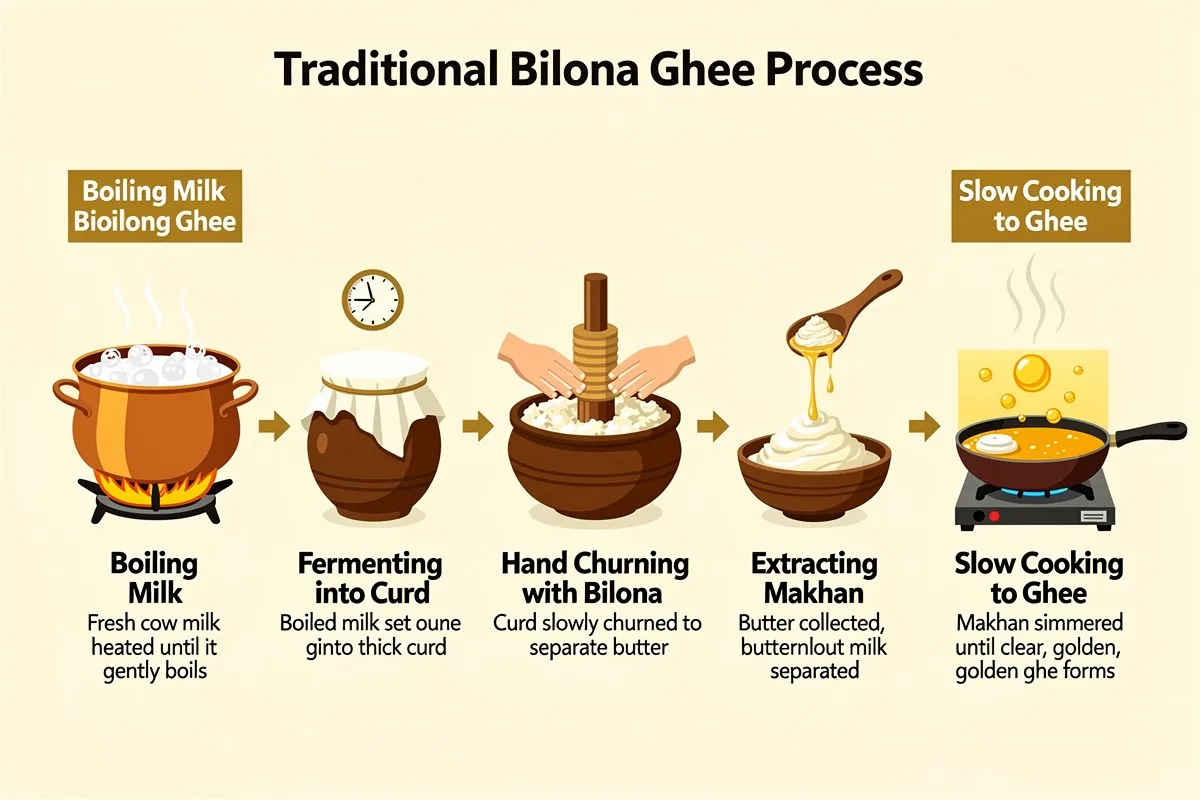 Infographic showing the five-step traditional bilona ghee process, from boiling milk to slow cooking ghee.