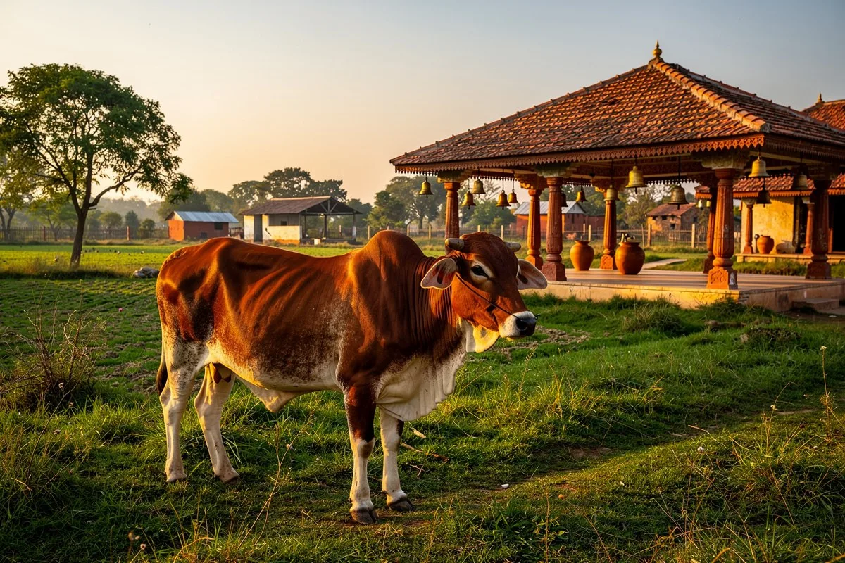 Brown and white cow standing in a grassy field with a traditional temple building in the background at sunset.