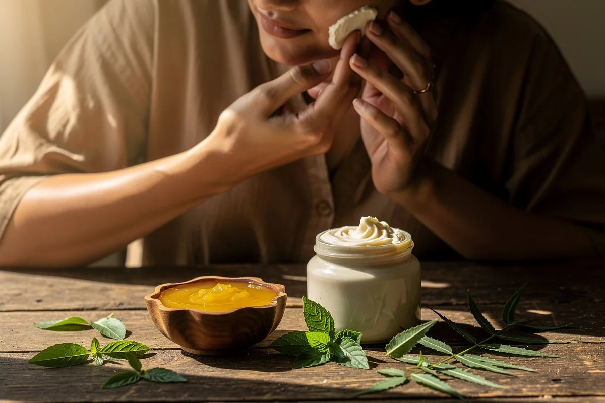 A person applies cream to their cheek, with a jar of cream, a bowl of yellow gel, and green leaves on a wooden table.