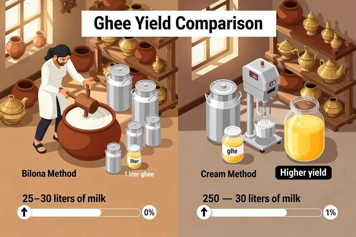 Ghee yield comparison: Bilona method (manual churning) vs. Cream method (machine). Cream method yields more ghee.