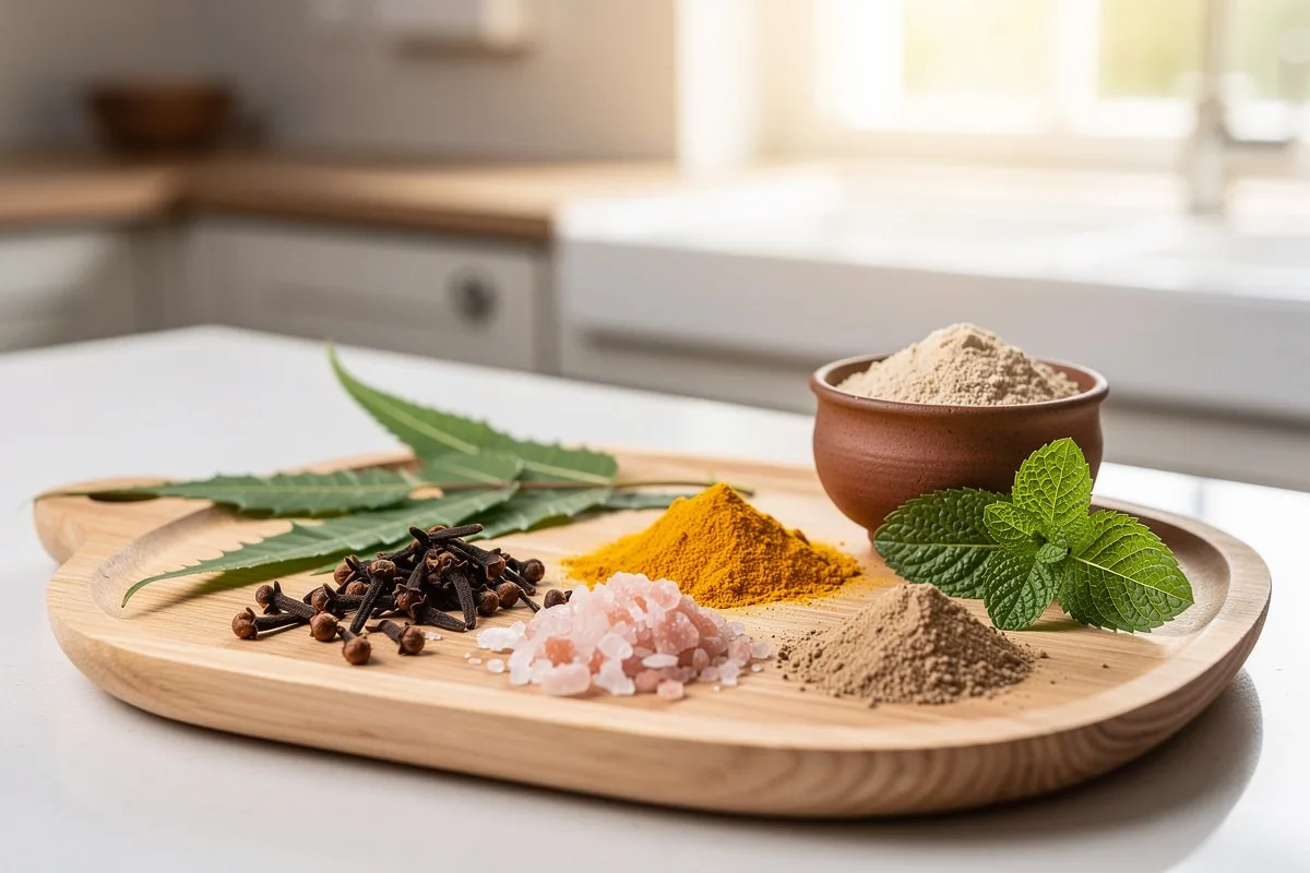A wooden tray with various spices and herbs: cloves, turmeric, pink salt, brown powder, mint, and green leaves.