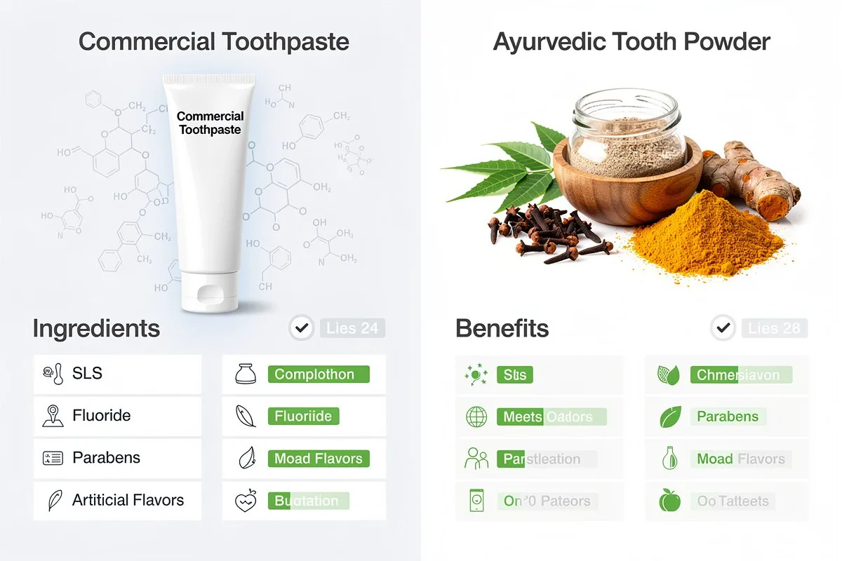 Comparison of commercial toothpaste ingredients and Ayurvedic tooth powder benefits, with chemical structures.