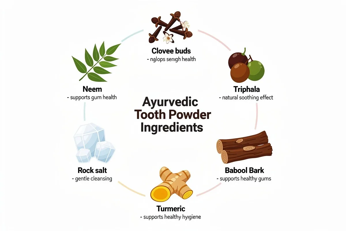 An infographic showing Ayurvedic tooth powder ingredients: neem, clove buds, triphala, babool bark, turmeric, and rock salt.