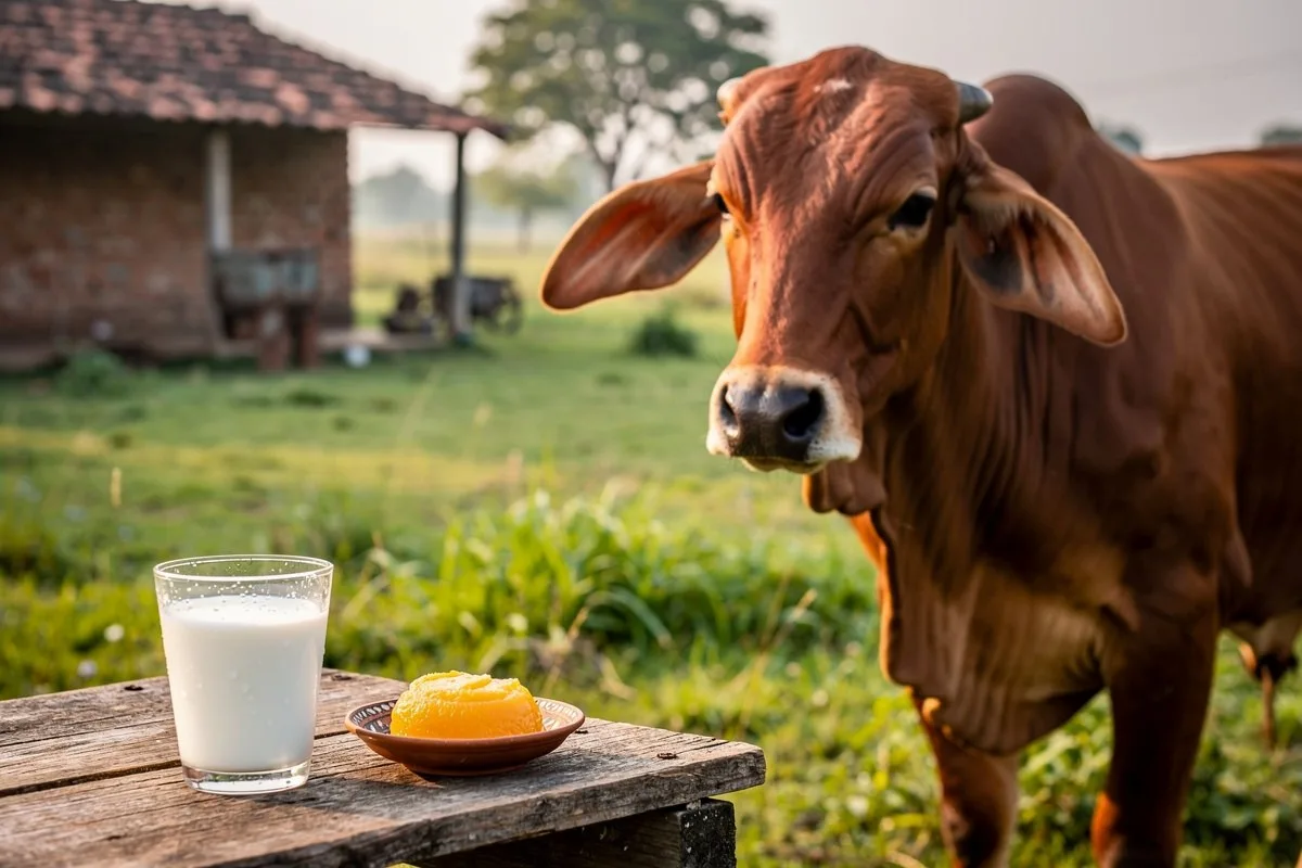 A brown cow stands in a field with a glass of milk and a yellow dessert on a wooden table.