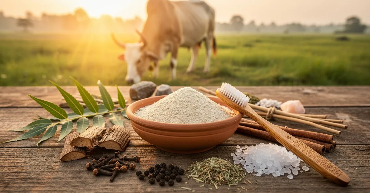 Ayurvedic dental care items like tooth powder, herbs, and a toothbrush on a wooden table with a cow in the background.