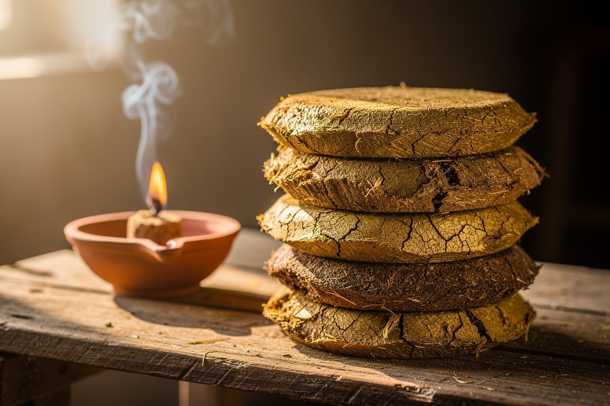 A lit clay lamp with smoke rising next to a stack of five round, textured, golden-brown objects on a wooden surface.