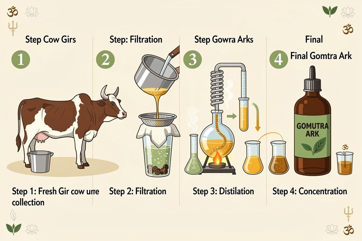 An infographic showing the four steps to create Gomutra Ark from cow urine: collection, filtration, distillation, and concent