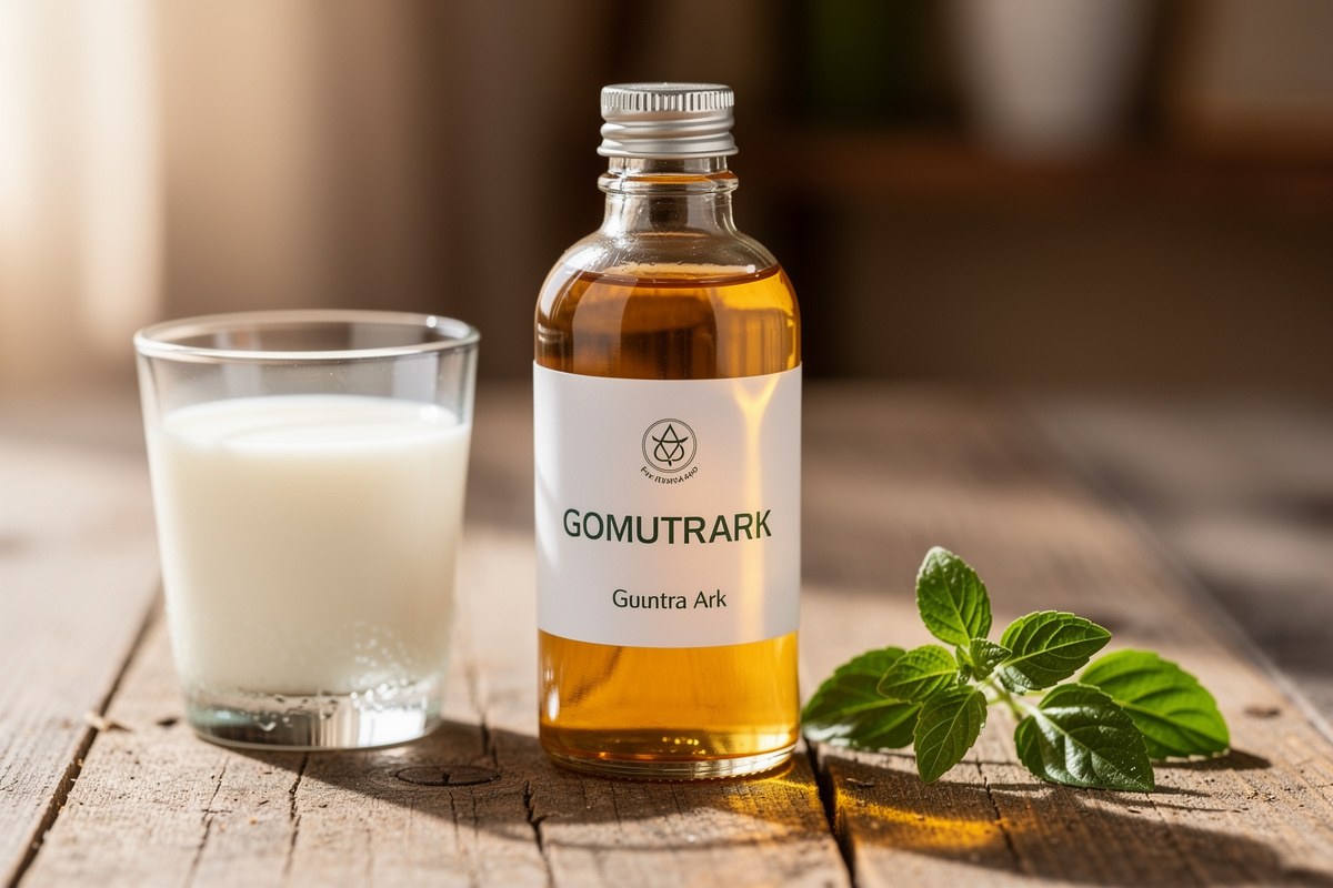 A glass of milk, a bottle of Gomutrark, and a sprig of mint on a rustic wooden surface.