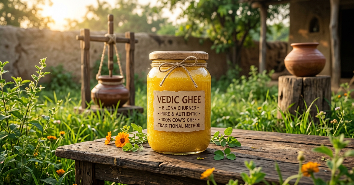A jar of Vedic Ghee on a wooden table in a lush green garden with traditional pots and a hut in the background.