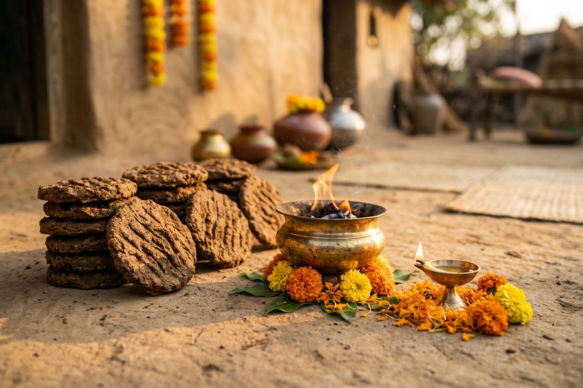 Cow dung cakes, a brass pot with fire, and marigold flowers on the ground in a rural setting.