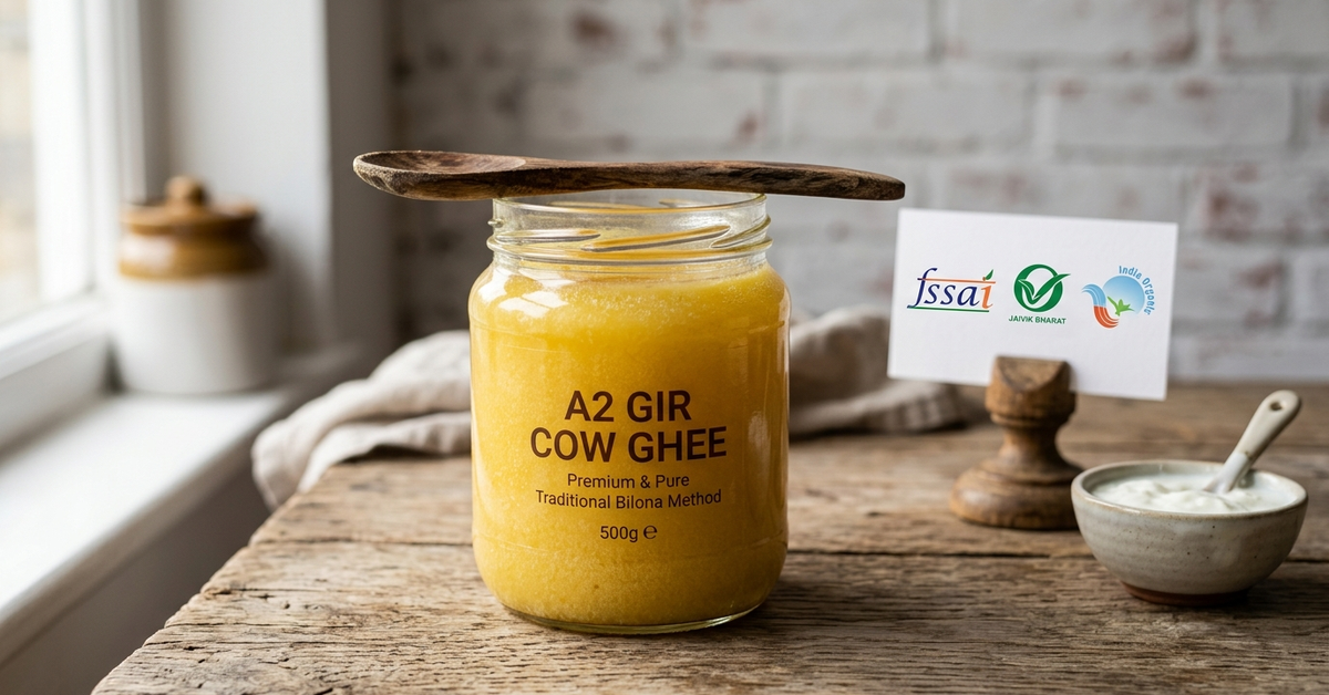 A jar of A2 Gir Cow Ghee with a wooden spoon on top, next to a card with organic certifications.