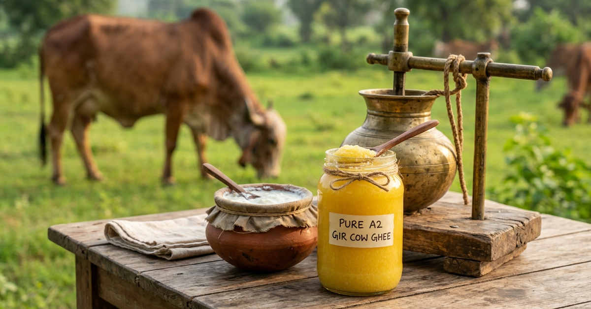 A jar of ghee and a bowl of yogurt on a wooden table with a cow grazing in a green field in the background.