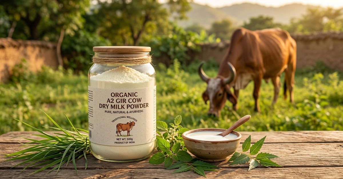 Jar of organic A2 Gir cow dry milk powder, bowl of milk, and cow grazing in a field.