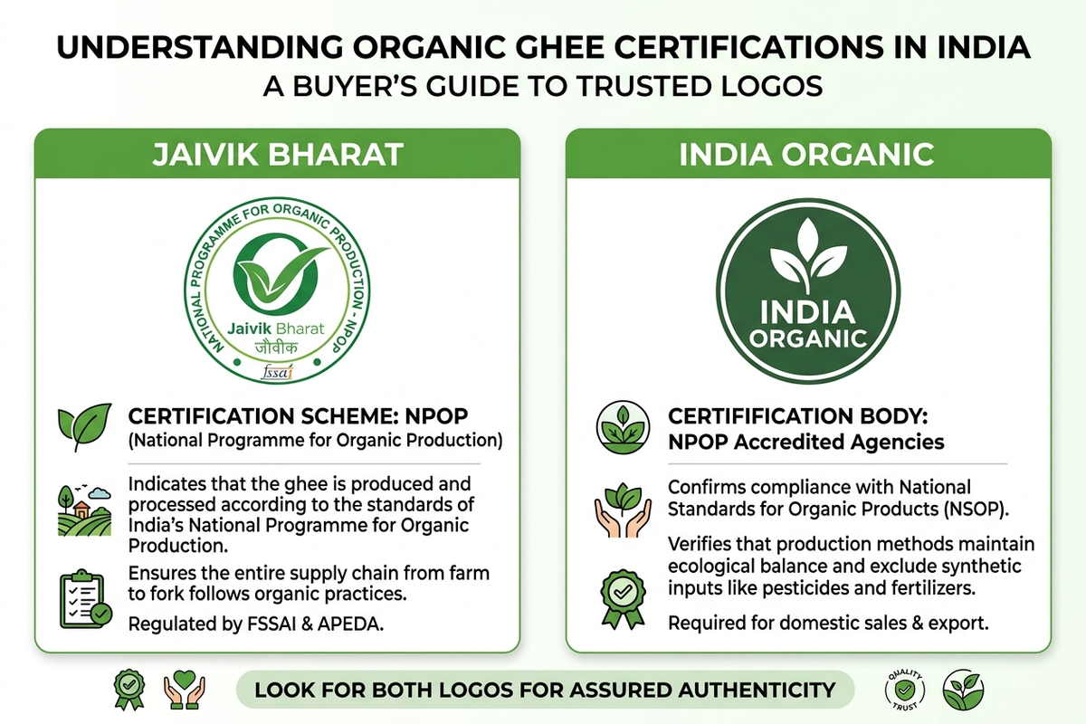 Infographic explaining Jaivik Bharat and India Organic certifications for organic ghee, with their logos and descriptions.